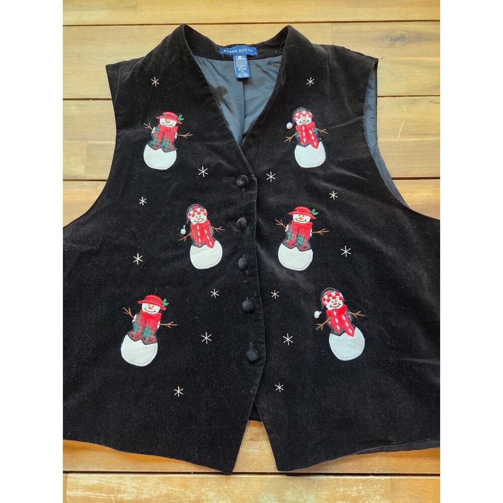 Vintage Karen Scott Snowman Vest Black Velvet Ugly Christmas Holiday Party XL